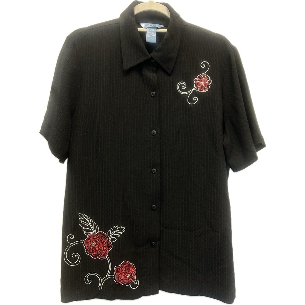 VTG Napa Valley Embroidered Floral Short Sleeve Textured Button Down Boho Top